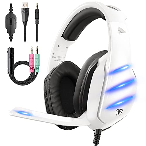 Auricular Gaming PS4, Orejeras Grandes, Efectos de Sonido 3D, Micrófono de Educción Ruido LED, Cascos Gaming Blanco con PS4, PS5, Xbox One, PC, Switch