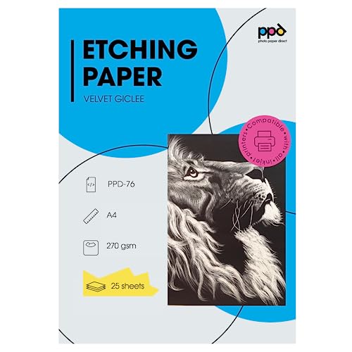 PPD Inkjet - A4 x 25 Hojas de Papel Giclée Mate 270 g/m² para Grabar y Archivar 'Fine Art White Velvet Etching’ - Para Todas Impresoras de Inyección de Tinta - PPD-76-25