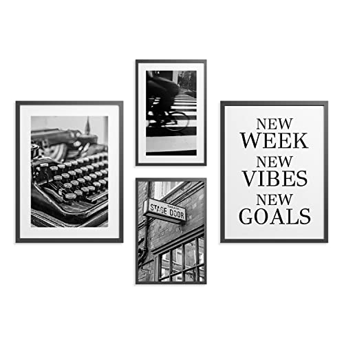 PICANOVA – Black and White – Poster Set de 4 Pósters Enmarcados 40x30cm x 2, 30x20cm x 2 – Imagen Impresión de Carteles – Cuadro Decoración Moderno para Salón o Dormitorio