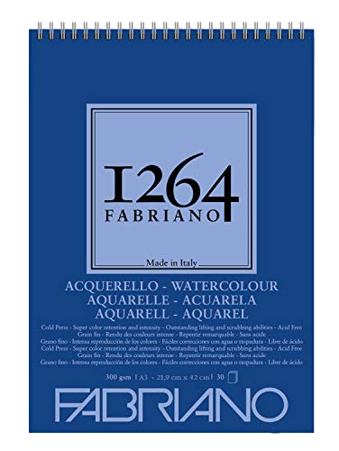 Unbekannt Honsell 19100650 Fabriano Watercolour-Bloc de Dibujo con Espiral (1264, 300 g/m², DIN A3, 30 Hojas de Papel Satinado de Grano Medio, sin ácidos, para Todas Las técnicas de Secado), Blanco