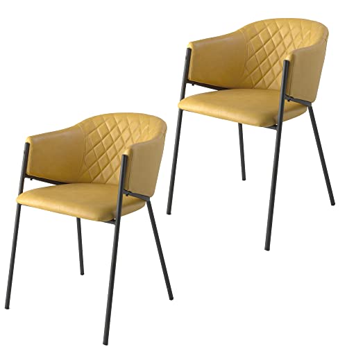 MOMMA HOME Set de 2 sillas de Comedor Ocre Acabado en Ecopiel, con reposabrazos, Estructura Metal en Color Negro - Modelo RYCHER - Butaca de Salón Diseño Elegante