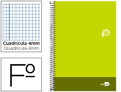 Liderpapel - Bloc espiral folio discover tapa cartoncillo 80 h 80g cuadro 4 mm con margen color verde lima (5 unidades)