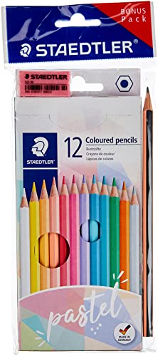 Staedtler 146 - Lápices de colores (formato hexagonal, mina suave, colores muy pigmentados, 12 colores pastel en estuche de cartón, con lápiz y goma de borrar, 146 SET PA 146)