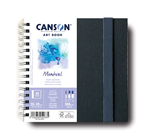 Canson Cuaderno Profesional, Papel para acuarela, Prensado en frío, 300 g, Cuaderno espiralado, 20x20 cm, Blanco, 24 hojas, C31200L004