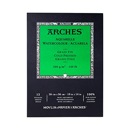 Arches - Papel de acuarela, bloc 12 hojas engomado 1 lado, grano fino, 300 g/m², 26 x 36 cm