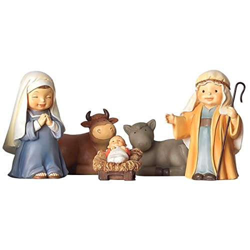 AC - Set de 5 Figuras del Nacimiento Naïf para belén navideño, marmolina, José, María, niño Jesús, Buey y Mula, Adornos, Pesebre, Navidad, 9 cm