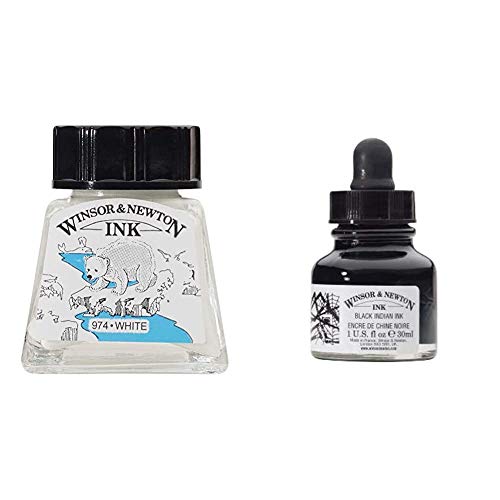 Winsor & Newton - Botella de tinta de 14 ml, blanco + Tinta china con cuentagotas (30 ml), color negro