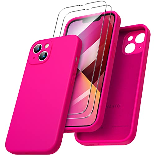 ORNARTO Funda Compatible con iPhone 13, con 2 x Protector Pantalla Silicona Liquida Gel Ruber Carcasa Protección Completa a Prueba de Golpes Funda para iPhone 13 Rosa Fluorescente