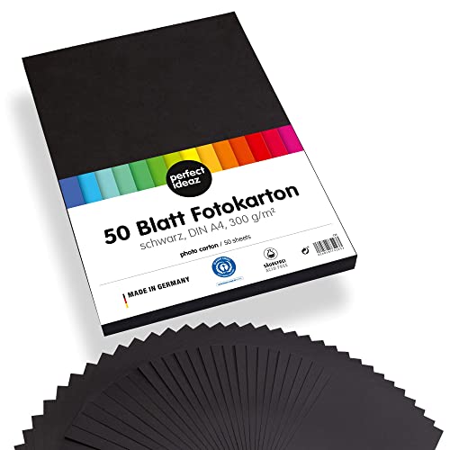 perfect ideaz 50 hojas cartulina cuché DIN-A4 negro, cartulina de color, grosor de 300g/m², hojas de la máxima calidad