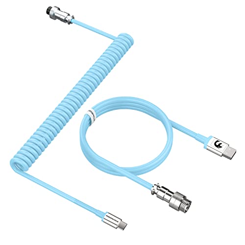 MAMBASNAKE C01 Cable Teclado Espiral, Cable USB C para Teclado Gaming, Cable Aviador para Teclado Mecánico, Tipo C a USB A, TPU Coiled Cable con Conector de Aviación de Metal Desmontable - Azul