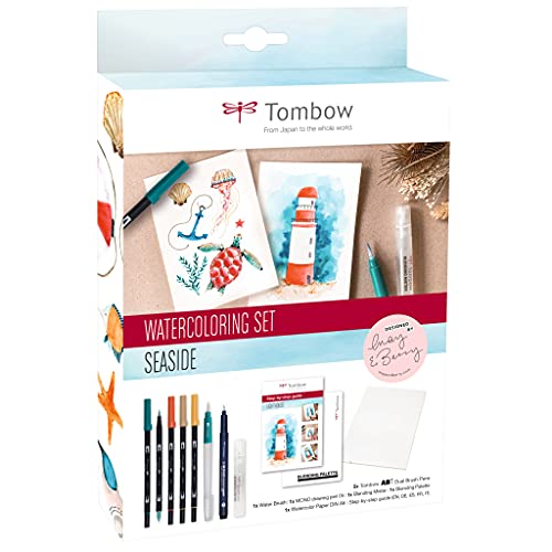 Tombow -Watercoloring Set Seaside | Set de Dibujo con Pincel de Agua, Espray Pulverizador, Paleta Lavable, Papel Acuarela y Rotuladores Acuarelables