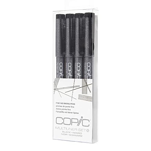 COPIC Multiliner Fine A4 - Juego de 4 rotuladores de punta fina de tinta al alcohol, color negro