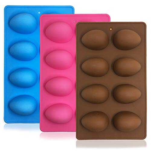 SENHAI 3 moldes de Silicona con Forma de Huevo, 8 cavidades para Hornear de Grado alimenticio para decoración de Pasteles, Chocolate, Pasteles, Pan, Cubitos de Hielo, jabón - Rosa, Azul, marrón