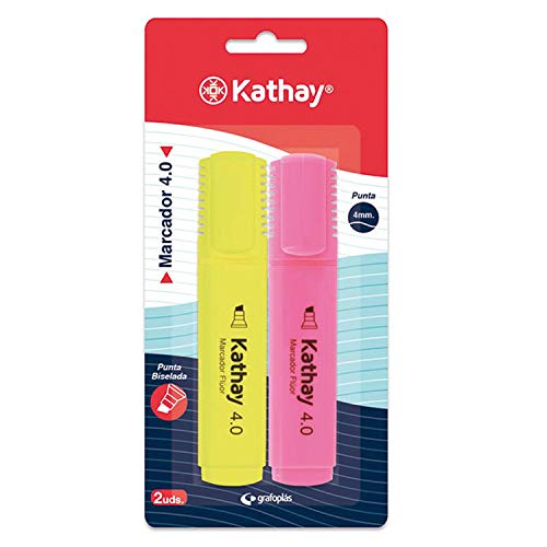 Kathay 86211953. Pack de 2 Subrayadores, Color Amarillo y Rosa, Punta Biselada 4mm