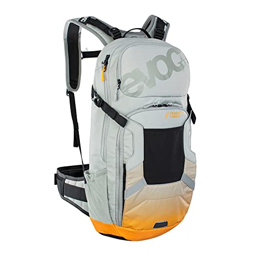 Evoc Mochila para bicicleta eléctrica FR ENDURO E-RIDE 16 (compartimento acolchado para la batería, SISTEMA DE FIJACIÓN TRANSVERSAL, ESCUDO TRASERO), gris piedra/naranja claro