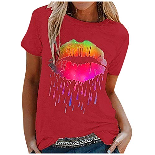 Yowablo Short Print Mujeres Manga Labial Camiseta Moda Colorida Camiseta Casual Blusa Top O-Cuello Blusa para Mujeres Blusas Y Tops para Mujeres Vestidas Manga Larga Verde, rojo, L