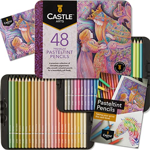 Castle Art Supplies Caja Lápices Colores Pastel | 48 Colores en Tonos Suaves y Suntuosos | Para Profesionales y Artistas Experimentados | Protegidos y Organizados en una Caja Metálica de Presentación