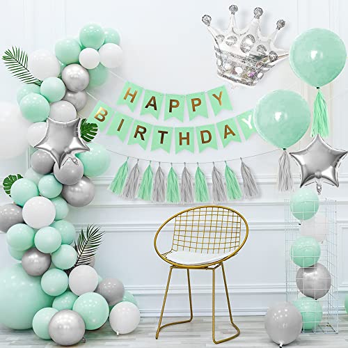 Decoraciones cumpleaños verdes, globos verde pastel pancarta HAPPY BIRTHDAY globos gris verde macarrón globos blancos globos plateados metálicos globos estrella corona