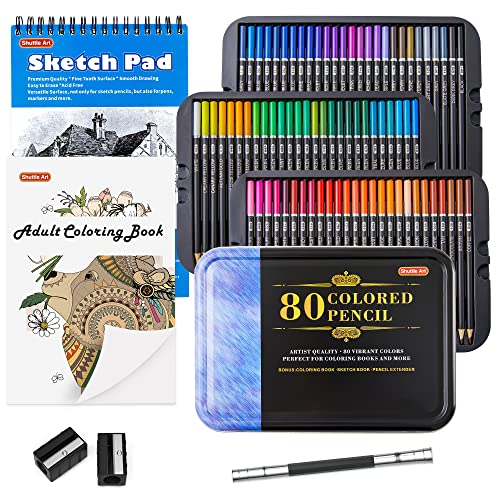 Lápices de colores profesionales de 80 colores, juego de lápices Shuttle Art Soft Core con 1 libro para colorear, 1 bloc de dibujo, 2 sacapuntas, 1 extensor de lápiz