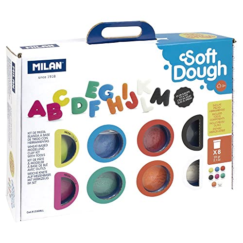 Pasta milan para modelar soft dough muchas letras con herramientas maletin con 8 botes colores surtidos 59 g