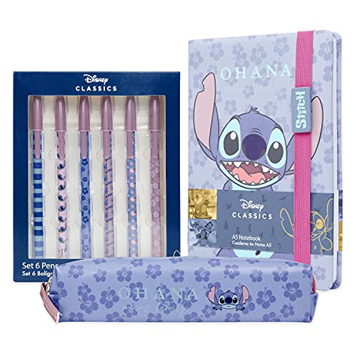 Disney Material Escolar Stitch, Kit de Papelería Bonita con Cuaderno y Lápices (Multicolor Set de 3)