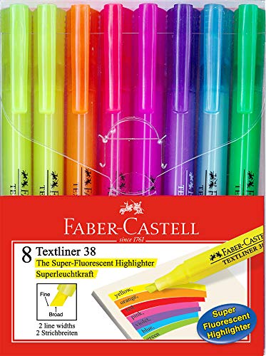 Faber-Castell 158131 - Blíster con 8 marcadores fluorescentes Textliner 38, colores, amarillo, naranja, rosa, violeta, azul y verde.