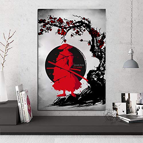 Póster de decoración del hogar imágenes Arte de Pared japonés Rojo Acuarela Lienzo impresión para Sala de Estar 50x70cm Sin Marco