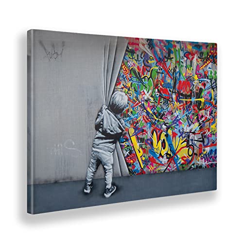 Giallobus - Cuadro - Banksy - Niño Abre la Cortina - Lienzo con Marco estándar - 100x70 - Listo para Colgar - Cuadros Modernos para el hogar