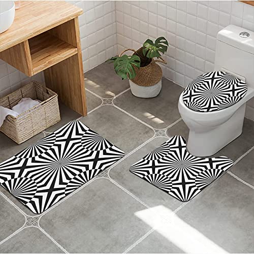 Juego de Alfombrillas de baño de Microfibra de 3 Piezas, Ilusión óptica Op Art Patrón Monocromo Composición gráfica Rayas al .Blac,absorbente de agua suave, alfombras de baño antideslizantes para baño