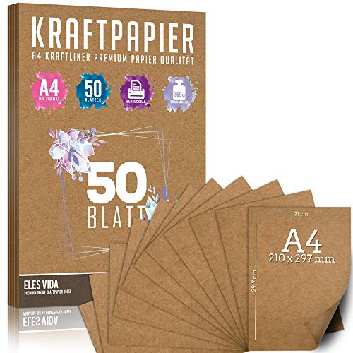 hojas de papel Kraft A4 Set - 260 g - 21 x 29,7 cm - Formato DIN Papel artesanal y cartulina natural Cartón Hojas de papel Kraft para imprimir, Papel de cartulina Elaboración de etiquetas (50 hojas)