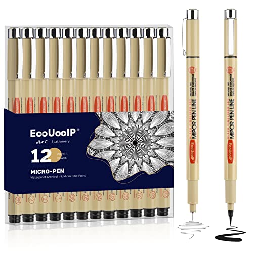 EooUooIP Micro Pen Fineliner Ink Pen, paquete de 12 Fineliner Pen Set, Black Pigment Pen Fineliners Art Supplies Fine Point Sketch Pens Brush Shading Drawing Technical Drawing Pen para artista