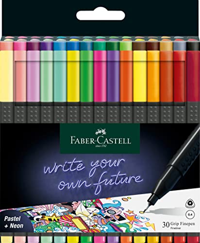 Faber-Castell 151630 Grip Finepen, punta fina con punta de fibra metálica de 0,4 mm, estuche de 30 unidades