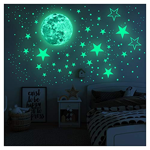 Pegatinas de pared con estrellas que brillan en la oscuridad, decoración de dormitorios, estrellas y luna llena para cielo estrellado, pintura que brilla en la oscuridad para niñas y niños