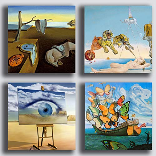 Cuadros modernos estilo Dali Dali Dali Salvador 4 piezas 40 x 40 cm Impresión sobre lienzo Canvas Decoración Arte Abstracto XXL Decoración para salón, dormitorio, cocina, oficina, bar restaurante