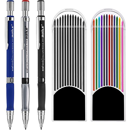 3 Piezas 2.0 mm Lápiz Mecánico con 2 Cajas de Minas, Recambios de Color y Negros para Dibujo, Escritura, Manualidades, Bosquejo