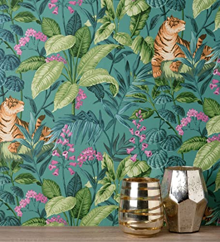 GAULAN 681996 - Papel pintado vinílico de tigres y hojas tropicales color turquesa con textura en relieve para pared salón cocina baño comedor - Rollo de 10 m x 0,52 m