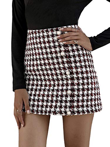 Geagodelia Falda Elegante de Verano para Mujer Falda Ajustada a Cuadros de Línea A de Cintura Alta Mini Falda Sexy con Decoración de Perlas para Chicas(Rojo, XL)