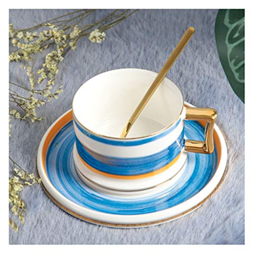 Taza de café Taza de lujo de estilo europeo Pequeño Copa de café pintada a mano Copa de cerámica de dos colores con tapa y cuchara, la primera opción for las familias Regalo de cumpleaños para niña ni