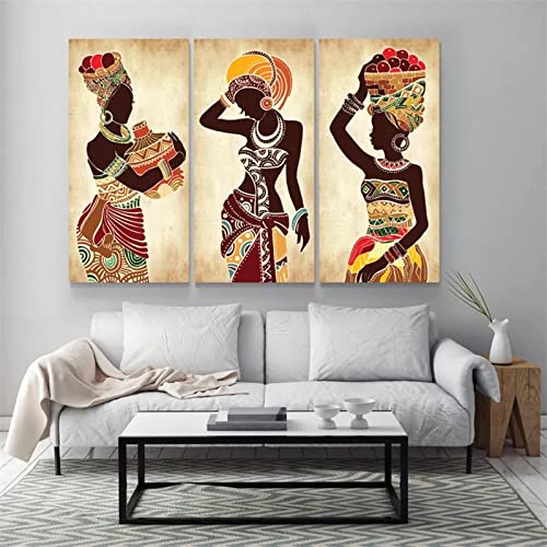 HONGC Cuadros sobre lienzo Mujer negra africana Pintura en lienzo Póster de arte étnico para la decoración de la sala de estar Decoración de la pared del hogar Pinturas Imagen 60x100cmx3 con marco