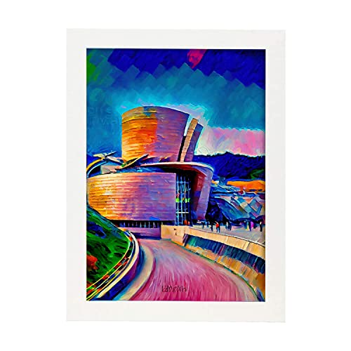Nacnic Poster de Museo Guggenheim en estilo Pintura al Óleo. Ilustraciones de monumentos y ciudades en estilo fotográfico a todo color. Diseño y Decoración de Interiores. A3 Marcos Blancos.