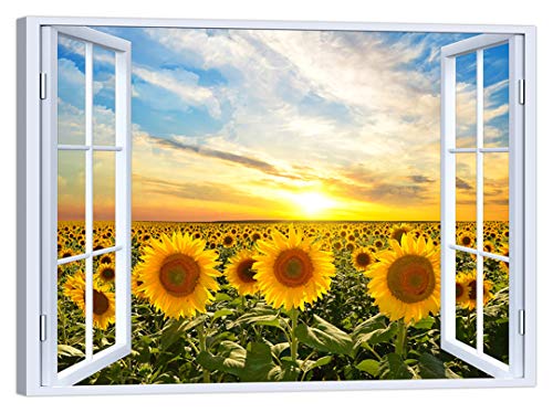 LuxHomeDecor Cuadro ventana Campo de girasoles 100 x 75 cm Impresión sobre lienzo con marco de madera Decoración Arte Decoración Moderno