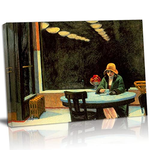 TANEGE Edward Hopper Cuadro Decorativo Canvas Lienzo Impresión |Obras de Arte Para Paredes Del Hogar Montado En Bastidor De《Automat》Enmarcado-40x52cm(15.7x20.5in)