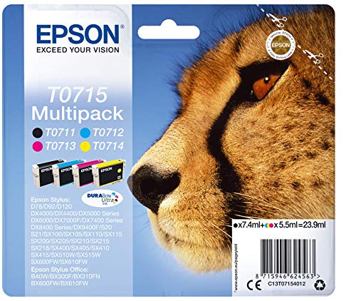 Epson T0715 - Pack cartuchos de tinta (4 colores) Stylus SX610FW, SX600FW, SX515W, SX510W, SX415, SX410, SX405, SX400, SX218, SX215, SX210, SX205, SX200