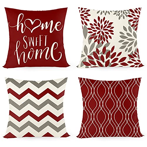 Juego de 4 fundas de cojín de 45 x 45 cm, con inscripción «Home Sweet Home», funda de cojín decorativa con cremallera oculta, cojín de sofá, Navidad (rojo)