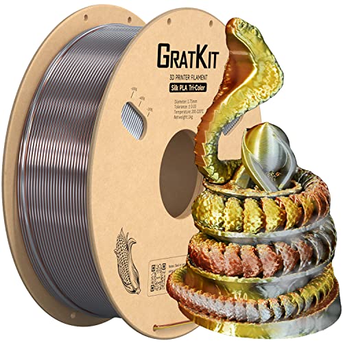 GratKit Filamento PLA Seda Tricolor, Coextrusion Filamento de Impresión 3D 1.75mm, -0.03mm, 1KG Carrete (2.2 LBS), Silk PLA Oro Plata Y Cobre Rojo