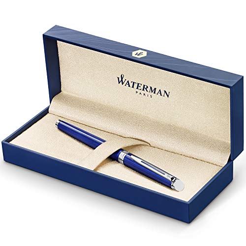 Waterman Hémisphère pluma estilográfica, lacada en color azul brillante y acabado cromado, plumín medio con cartucho de tinta azul, estuche de regalo