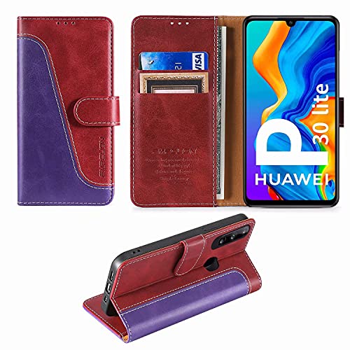 FMPCUON Funda Compatible con Huawei P30 Lite, Funda Tapa Libro Movil Carcasa PU Cuero para Huawei P30 Lite [Ranura para Tarjeta] [Función de Soporte],Púrpura/Rojo