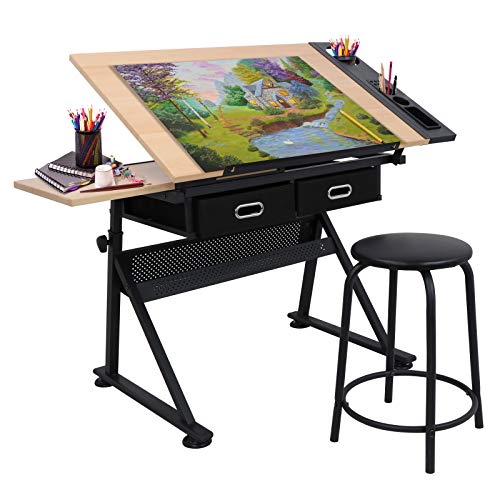 Mesa de dibujo de escritorio de altura ajustable para lectura, escritura artística, manualidades con taburete y cajones