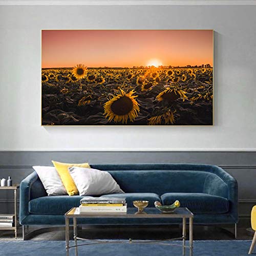 Girasol nórdico Lienzo Pintura Arte de la pared Paisaje Carteles e impresiones Cuadros de campo de flores para la decoración de la sala de estar23.6 