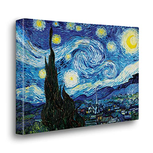 Giallobus - Cuadro - Vincent Van Gogh - Noche Estrellada - Lienzo Marco Premium Alto Espesor 5cm - 140x100 - Listo para Colgar - Cuadros Modernos para el hogar